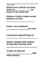 English Worksheet: strange but true stories and headlines