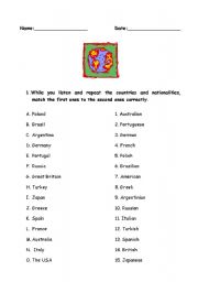 English worksheet: countries and nationalities