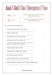 English Worksheet: And / But / So / Because / Too (4 pages)
