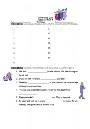 English worksheet: Clothing Vocab Quiz, Dictation and meaning with answer key