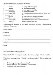 English Worksheet: Bohemian Rhapsody by Queen, Vocab and Conversation starter