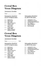 English worksheet: Cereal Box Venn Diagram