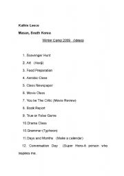 English Worksheet: Winter or Summer Camp Program Ideas