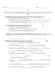 English Worksheet: Exam: Possessive adjectives (PA), Possessive pronouns (PP) & Possessive nouns (PN)