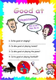 English worksheet: Asking questions using good at