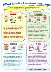 English Worksheet: WHAT KIND OF STUDENT ARE YOU? -funny zodiak characteristics for your students (describing people)