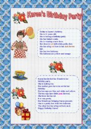 English Worksheet: Karens Birthday Party -Reading for Absolute Beginners