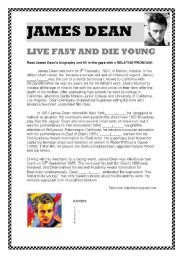 English Worksheet: JAMES DEAN: BIOGRAPHY with RELATIVE PRONOUNS