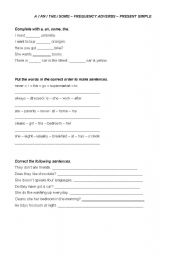 English Worksheet: revision: a, an, the, some - frequency adverbs - present simple