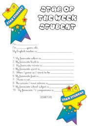 English Worksheet: STAR OF THE WEEK STUDENT INFO SHEET