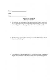 English Worksheet: Anne Frank Movie Questions