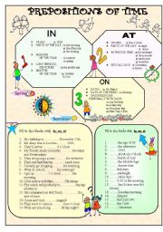 Prepositions of  time(second page is black and white type of this worksheet)