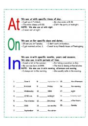 English Worksheet: At  On  In:  Prepositions of Time