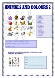 English Worksheet: ANIMALS AND COLOURS 2
