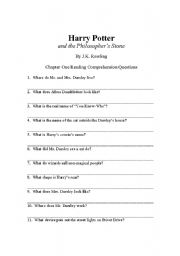 English Worksheet: Harry Potter and the Philosophers Stone Reading Comp Ch. 1