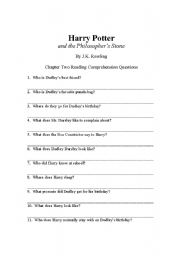 English Worksheet: Harry Potter and the Philosophers Stone Reading Comp Ch. 2