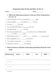English worksheet: Prepositions of Time and Place: In, On, At 