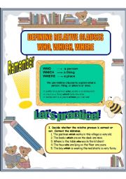 Defining relative clauses WHO, WHICH, WHERE  (3sheets) + KEY