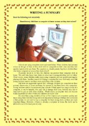 English Worksheet: CHILDREN AND COMPUTERS - WRITING A SUMMARY