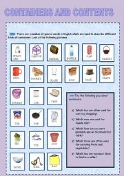 English Worksheet: Containers and Contents- 2 pages