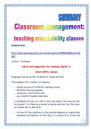 English Worksheet: Classroom management: teaching mixed-ability classes: summary of an article 