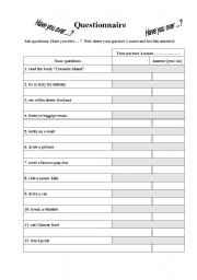 English worksheet: Questionnaire - Have you ever ... ?