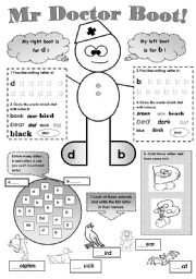 English Worksheet: Mr DOCTOR BOOT! -  a worksheet  which can help your little learners to remember the difference betwen letters b and d!