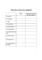 English Worksheet: What do we have in common?