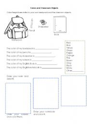 English Worksheet: colors and classroom objects
