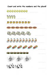 English worksheet: Count and write the  numbers and the plural!