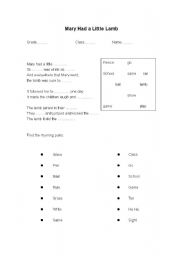 English Worksheet: Mary Had A Little Lamb
