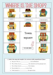 English Worksheet: prepositions of place and shops