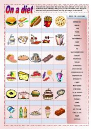 English Worksheet: On a diet - pictionary on food with tasks for elementary and suggested activities for high intermediate 