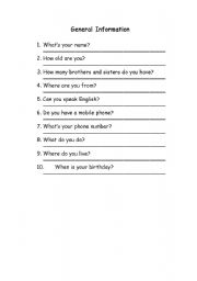 English Worksheet: Asking for general information