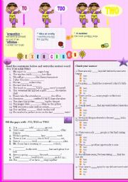 English Worksheet: HOMONYMS: TO, TOO AND TWO