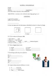 English Worksheet: exam of articles, verb to be, toys, shapes