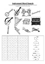 English Worksheet: Musical Instrument Word Search