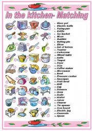 English Worksheet: IN THE KITCHEN- UTENSILS AND APPLIANCES- MATCHING EXERCISE (B&W VERSION INCLUDED)