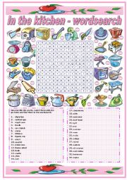 English Worksheet: IN THE KITCHEN - UTENSILS AND APPLIANCES- WORDSEARCH (B&W VERSION INCLUDED)