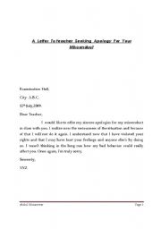 English Worksheet: Apology Letter To A teacher