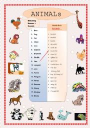 English Worksheet: Animals - matching names and sounds