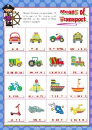 English Worksheet: Means of Transport   -  Completing the Pictionary with the Missing Vowels