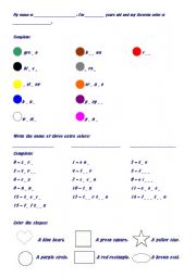 English worksheet: Colors, numbers & shapes