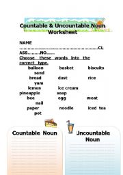 English Worksheet: Countable and Uncountable Noun