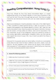 English Worksheet: Reading Comprehension: Hong Kong (1)