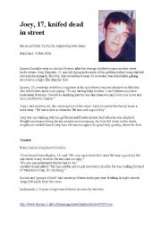 English worksheet: Reading Exercise - A boy knifed dead in the street KEY
