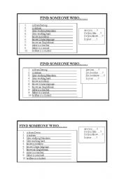 English worksheet: Find Someone who