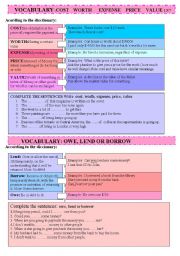 English Worksheet: COST VALUE PRICE WORTH