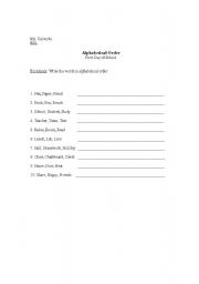 English worksheet: First Day of School worksheet alphabetical order