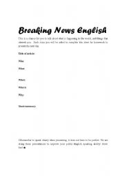 English worksheet: Breaking News English